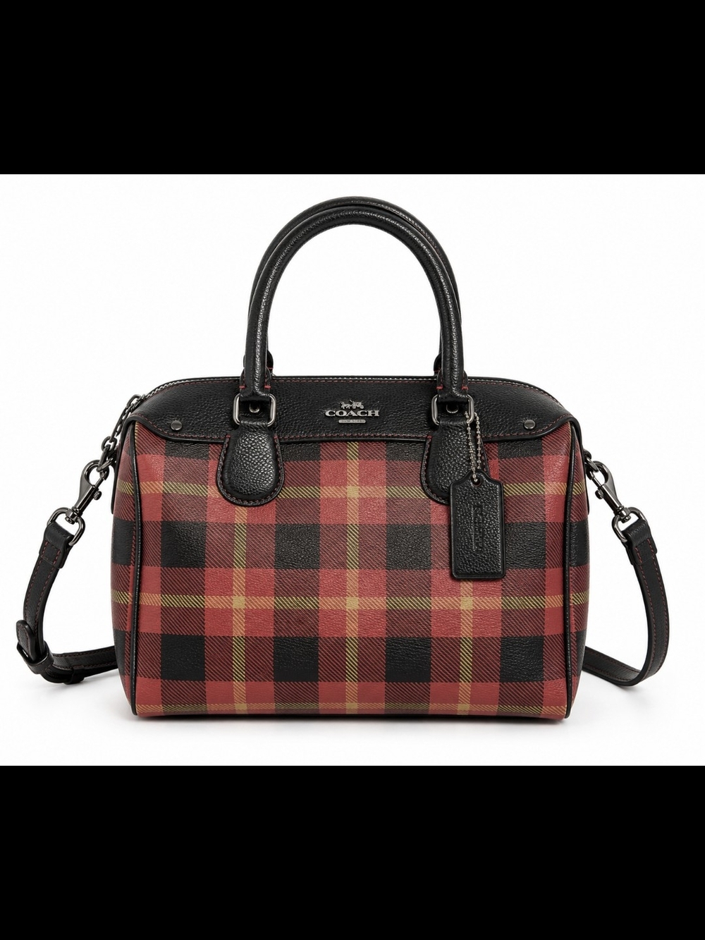 Coach Plaid Satchel Crossbody Bag Red Black Tartan Buffalo Check Leather Trim